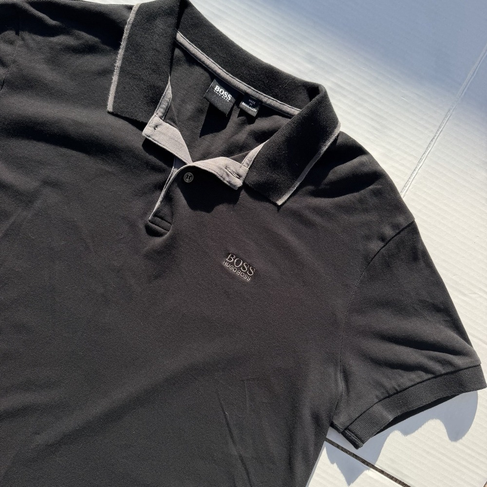 Hugo Boss Pique Polo Black Collared Short Sleeve Logo Spell Out Mens Size Large